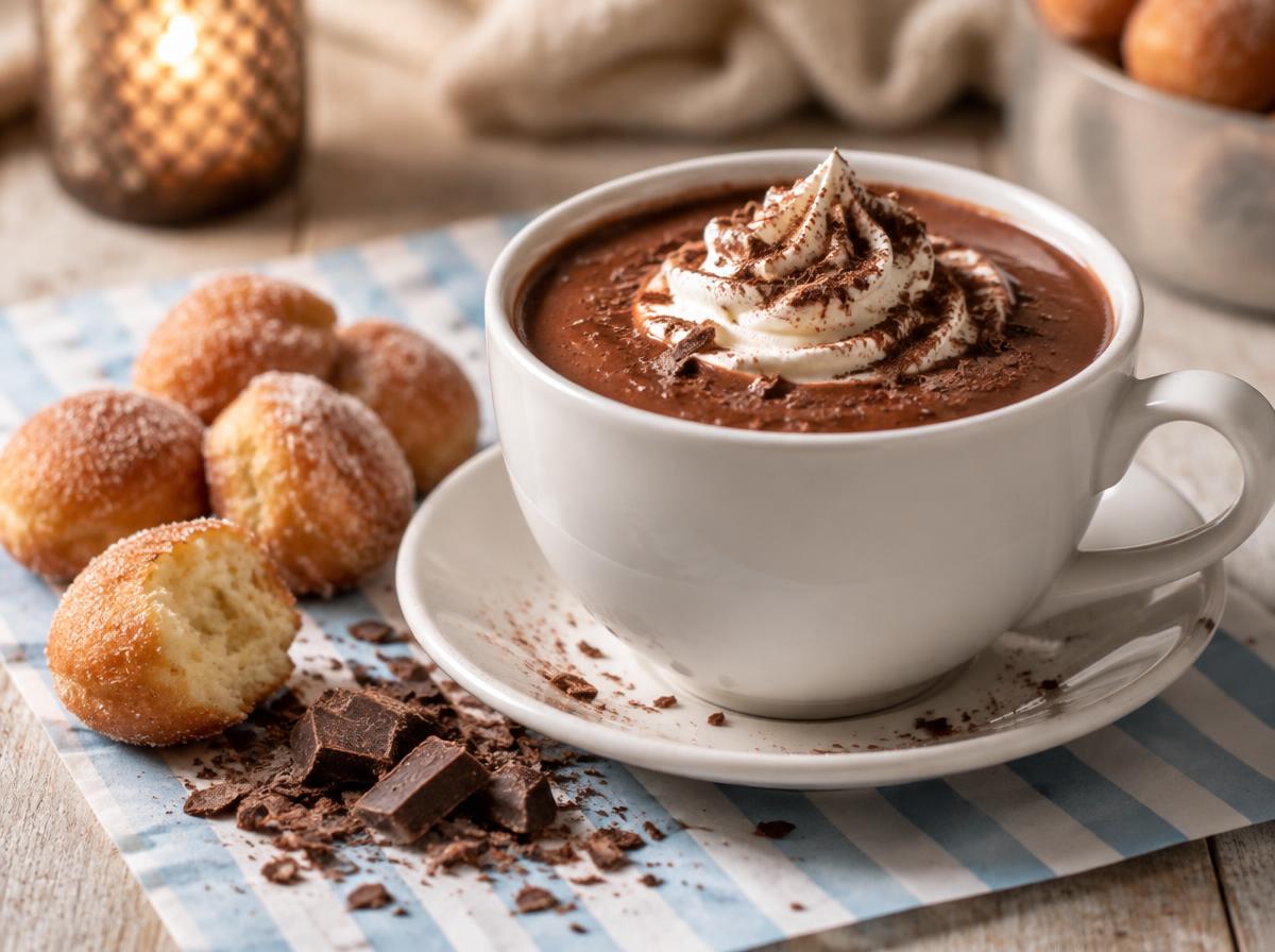 Tazza di cioccolata calda densa con panna e scaglie di cioccolato