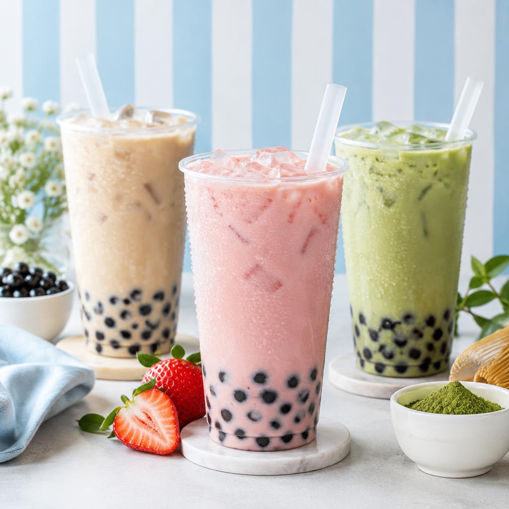 Bubble tea in bicchieri colorati con perle di tapioca e cannucce