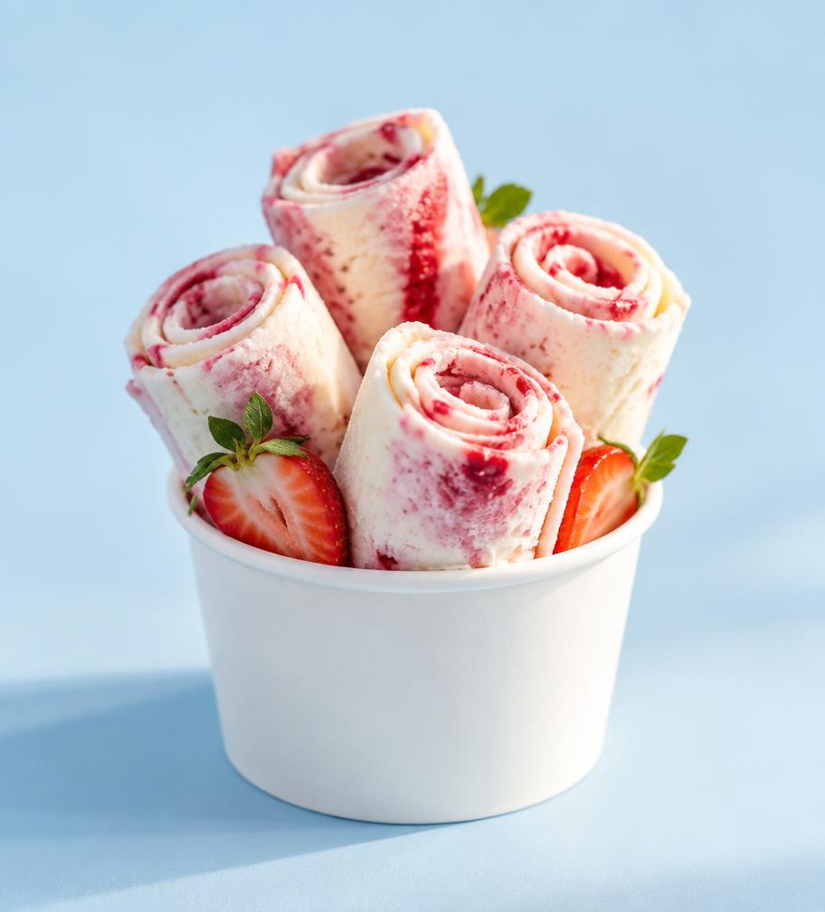 Ice roll, dessert freddo arrotolato con frutta e granella