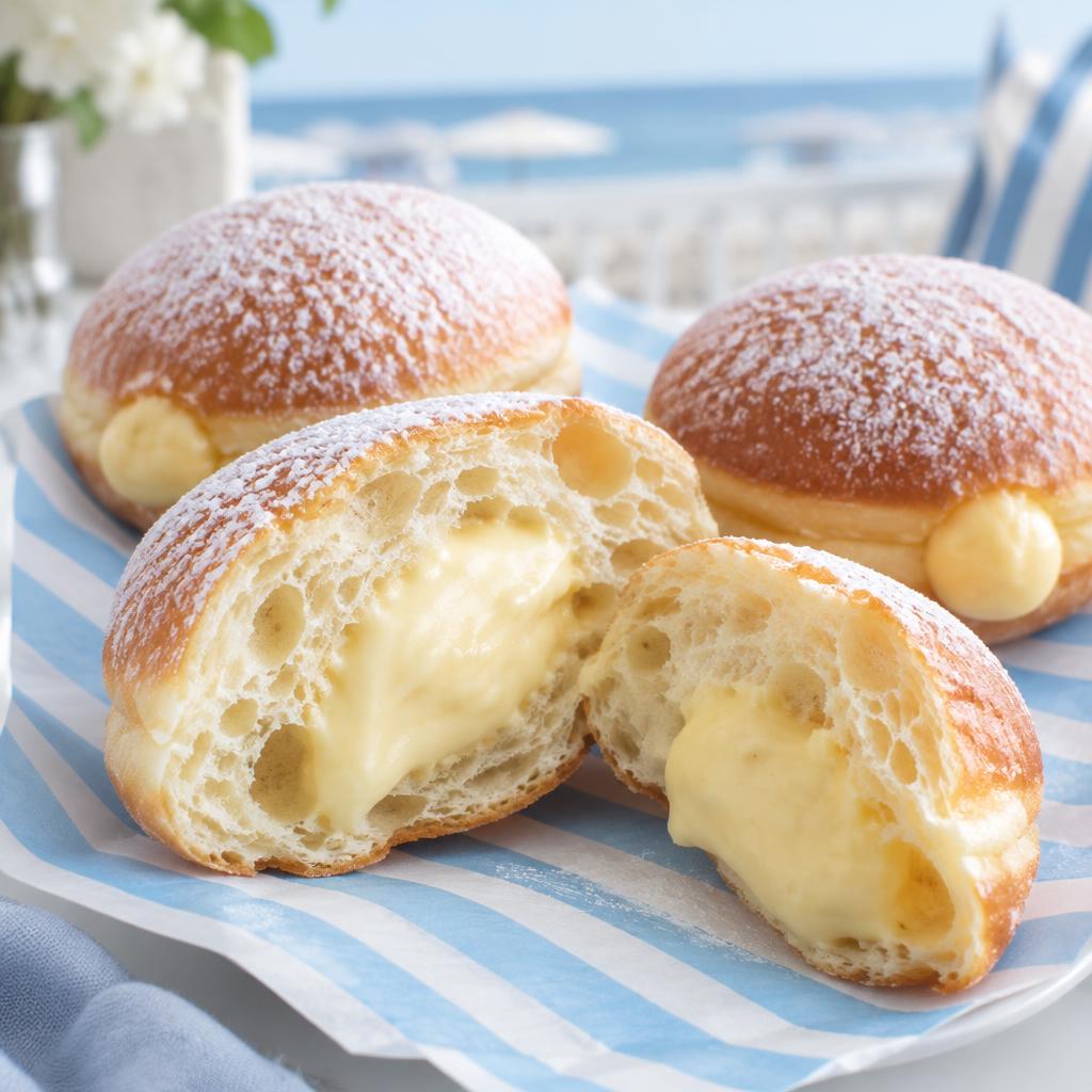 Bomboloni soffici con crema e granella, serviti su carta a righe azzurre e bianche